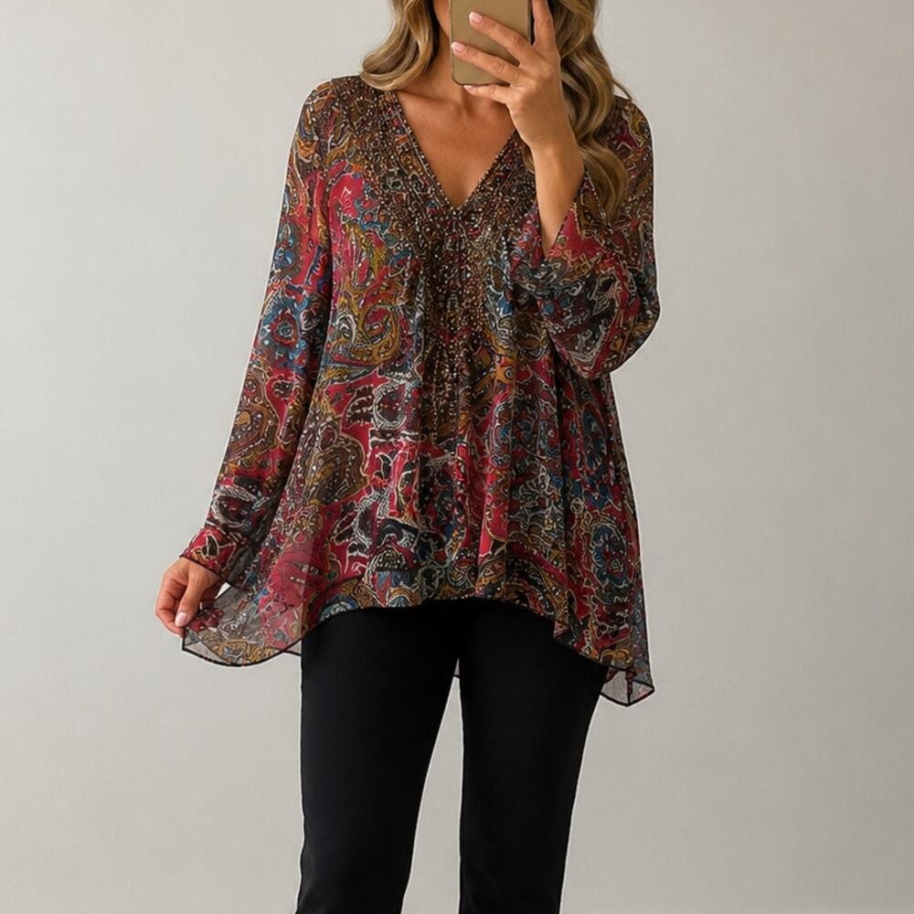 Chico’s🌿100% Silk Paisley Beaded Tunic Top Women’s Size 1 Boho Sheer Blouse